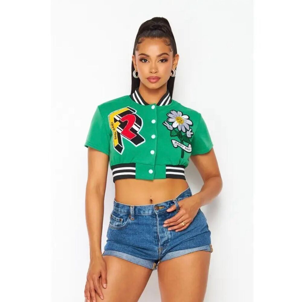 Daisy green varsity cropped jacket with patches M